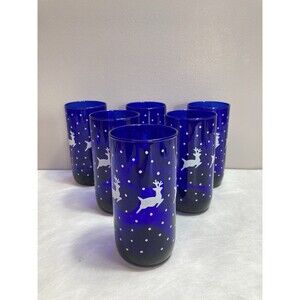 Vintage Libbey Cobalt Blue Christmas Reindeer Tall Drinking Glasses Set of 6